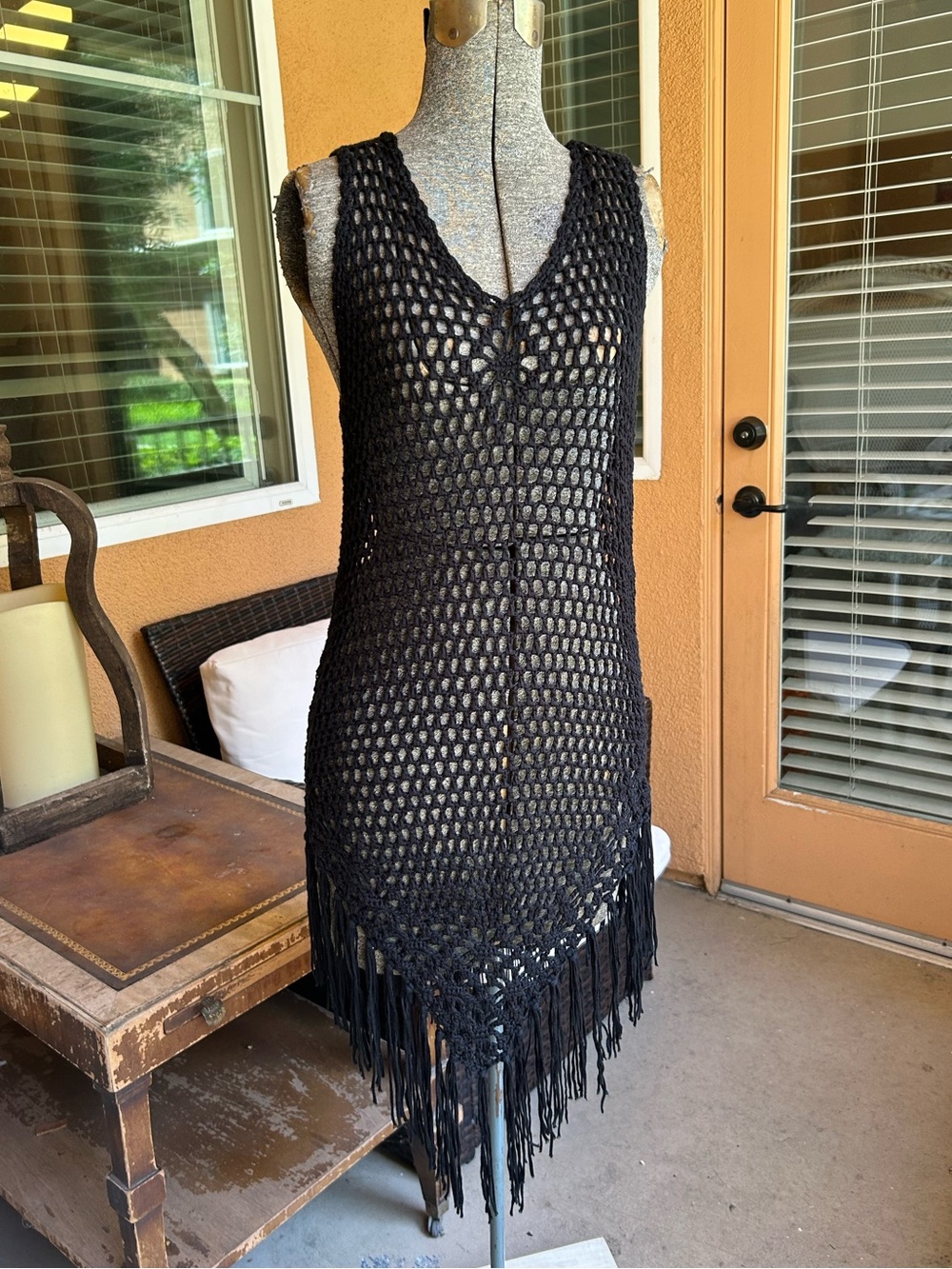Black Crochet Knit Swim Cover Up Dress Women’s Tassels Boho Medium*